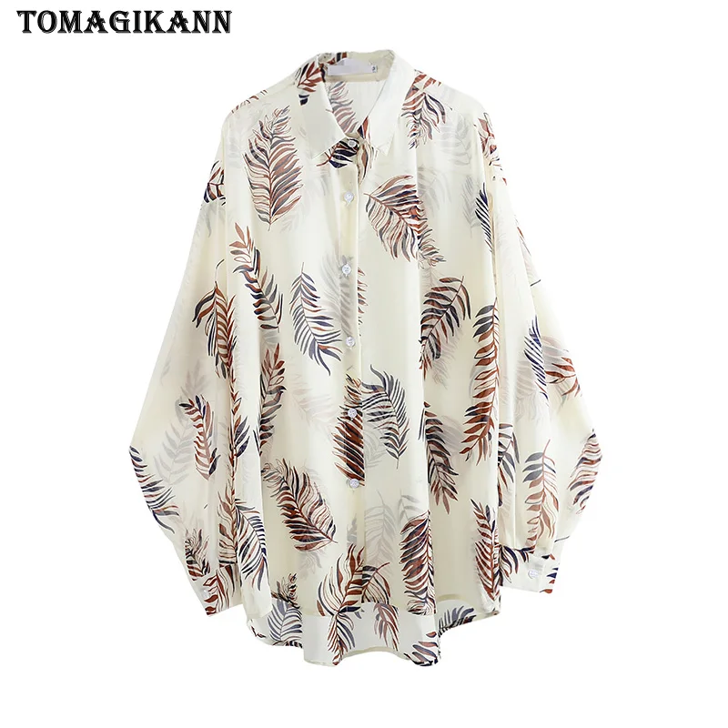Однотонные блузки с принтом листьев женские модные Прозрачные рубашки длинными