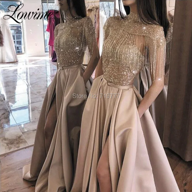 

Champagne Evening Dresses With Jacket Saudi Arabic Split Side Beading Glitter Prom Dress Kaftans Dubai Party Gowns Vestidos