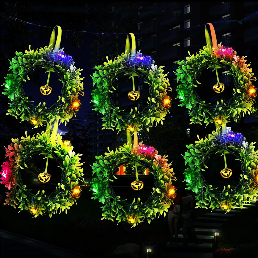 6 Wreaths Solar Christmas Lights Outdoor Garden Lights with Jingle Bells 8 Modes Waterproof Fairy decoration for Party,Holiday