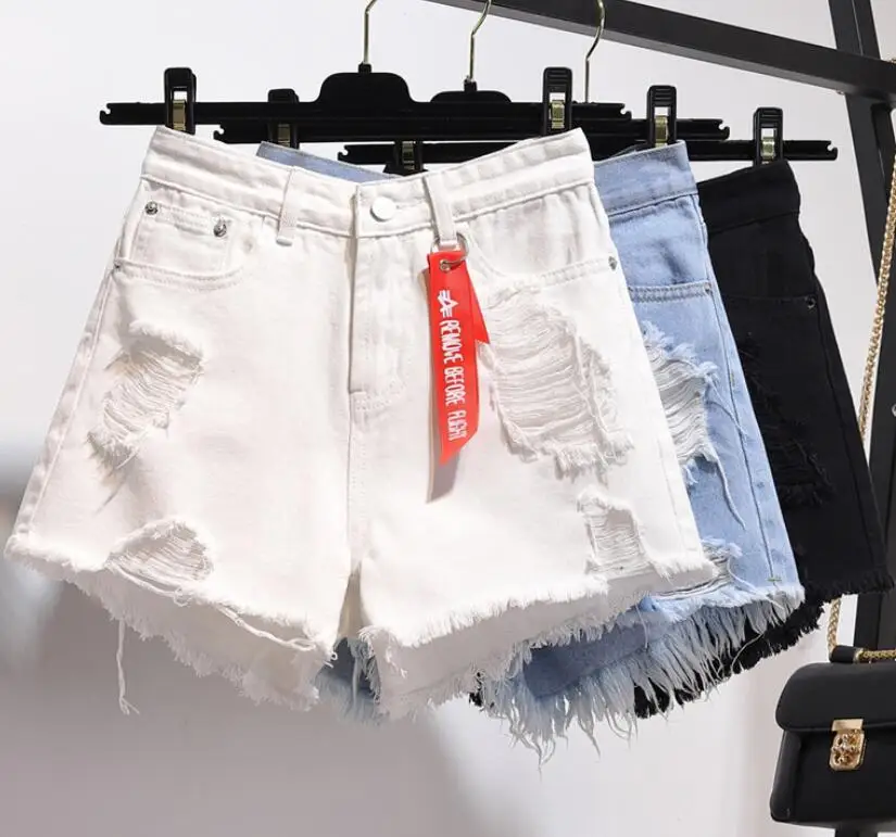 white shorts 2019 Plus Size Denim shorts Women Summer Loose White/blue/black Shorts Jeans with Hole High Waist Shorts spodenki damskie p1533 high waisted denim shorts