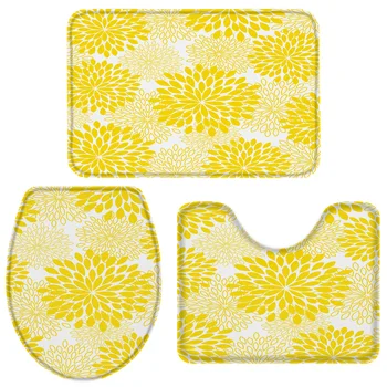 

3 Pieces Bathroom Set Abstract Flower Yellow Bath Set Toilet Cover Mat Pedestal Rug Non-Slip Bathroom Rug Set