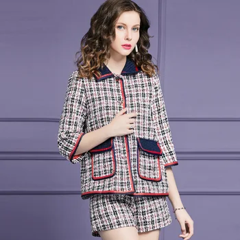 

New Retro Plaid tweed Lapel coat shorts two piece suit