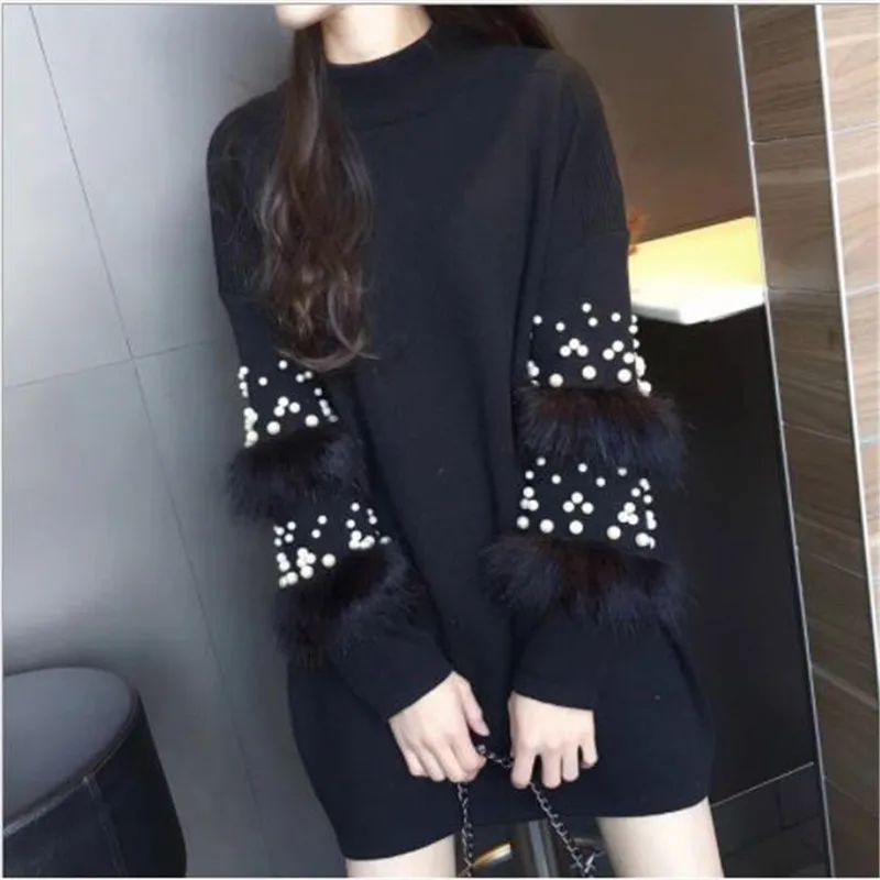 Preise Hälfte Rollkragen Langarm Pullover Kleid Pullover Frauen Herbst Winter Lose Tunika Gestrickte Casual Patchwork Perlen 2019New H092