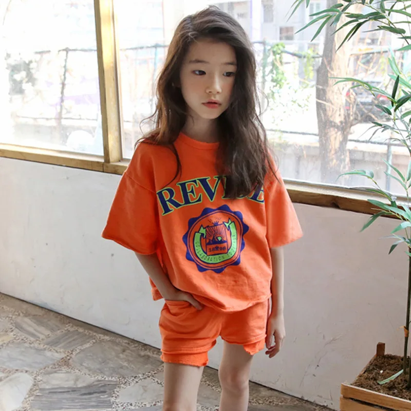 

Summer Wear New Style Girls Western Style Set Korean-style Big Boy Cotton Casual Sports Fashion Short Sleeve Printed Two-Piece S