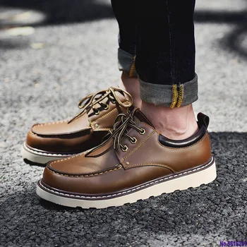 

Solid Sewing Fashion Men Western Boots Ankle Casual Spring Autumn Military Work Boots Lace-Up Low PU Business Shoes
