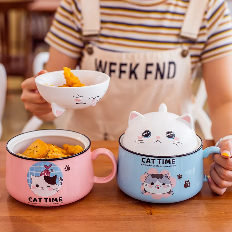 Microwavable Ceramic Noodle Bowl with Handle and Glass Lid Cute Cartoon Ocean