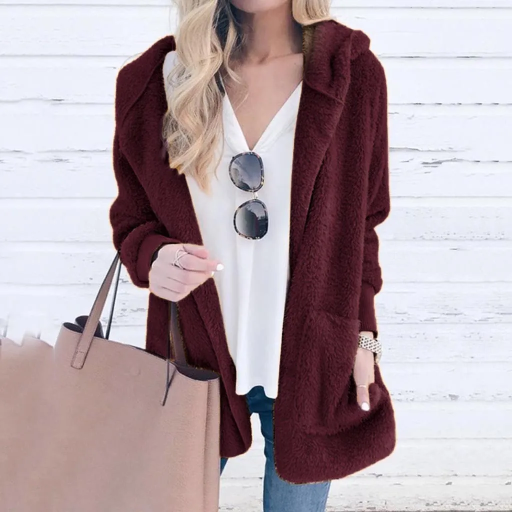 

2019 Faux fur Coat Women With Hood New Oversize Coats High Waist Female Slim Fit Overcoat Tops Winter Warm Plush Jackets Outwear