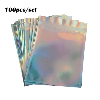 

100Pcs laser Zip lock Bags Pouches Cosmetic Plastic Laser Iridescent Bags Holographic Makeup Bags Hologram Zipper Bags