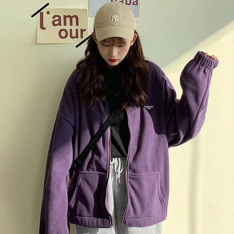 Women Plus Fleece Hoodies Autumn Streetwear Zip-up Oversize Sweatshirt Jacket Trendy Solid Pocket Turn-down Collar Women Outwear