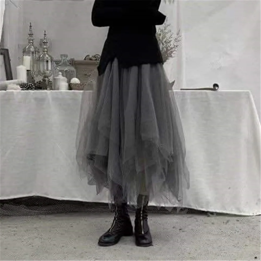 Tulle Long Irregular Pleated Skirts Elastic High Waist A