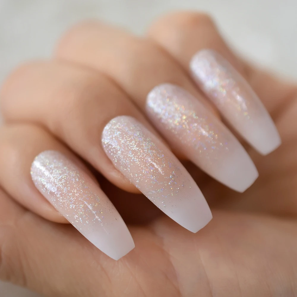 Long Holo Glitter Pink Nude Gradient Natural Ombre French Ballerina Coffin  Press On False Fake Nails Party Salon Finger Wear - False Nails - AliExpress