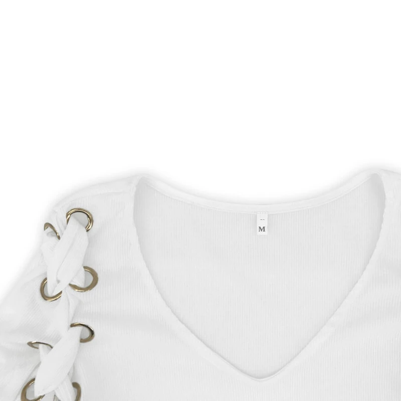 Lossky, короткая женская футболка, длинный рукав, v-образный вырез, Осенние Топы, Женская белая футболка на шнуровке, повседневная женская одежда, уличная одежда