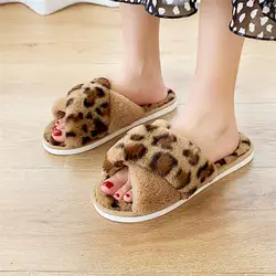 Нескользящие хлопковые тапочки с леопардовым принтом теплая зимняя обувь с открытым носком и Плюшевым Мехом женские домашние тапочки