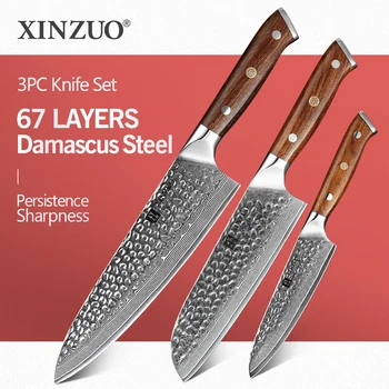 

XINZUO VG10 Damascus Steel 3 PCS Knives Sets Knife Meat Fish Vegetable Chef Santoku Utility Knife Kitchen Tool Ironwood Handle