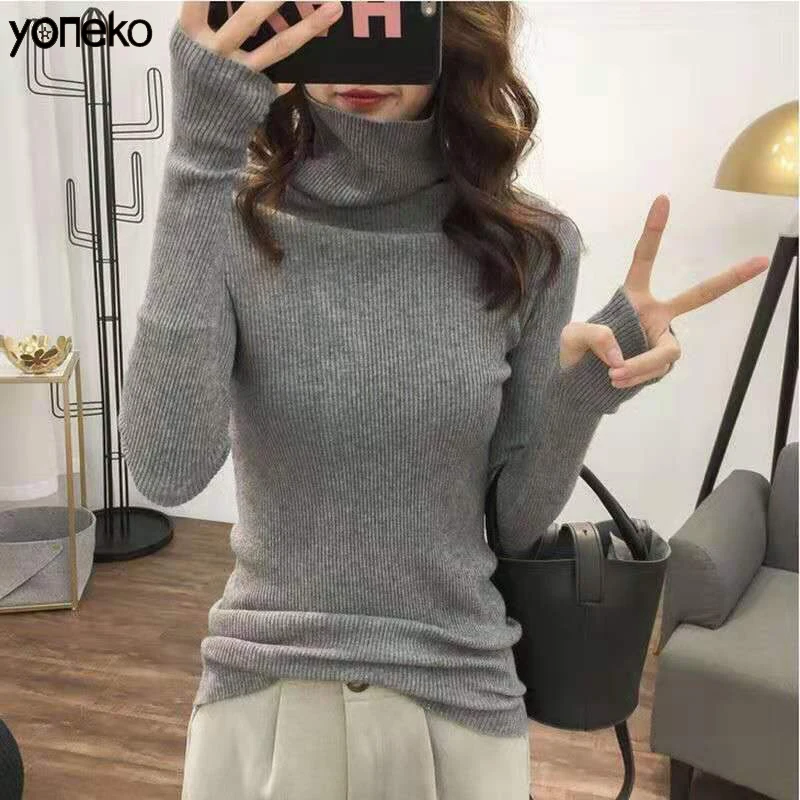 

Yoneko Women Wool Sweater Elegant Turtleneck Female Sweater Pullovers Slim Elastic Lady Sweater Jumpers KM154
