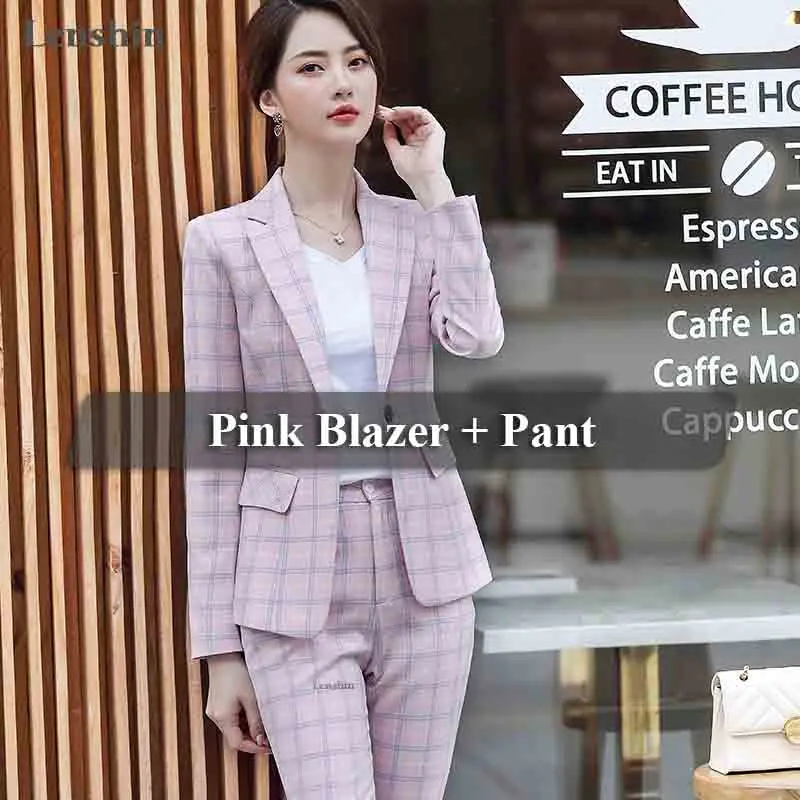 2 Pieces Pink Suit Lenshin, высококачественный комплект из 2 предметов, клетчатый Деловой брючный костюм, блейзер, офисный дизайн, Женский мягкий пиджак и брюки длиной до щиколотки - Цвет: 2 Pieces Pink Suit