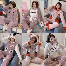 Winter Girls Flannel Pajamas Set Pijama Mujer Women Cartoon Animal Pyjama Women Full Sleeve Nightwear Warm Sexy Homewear Clothes