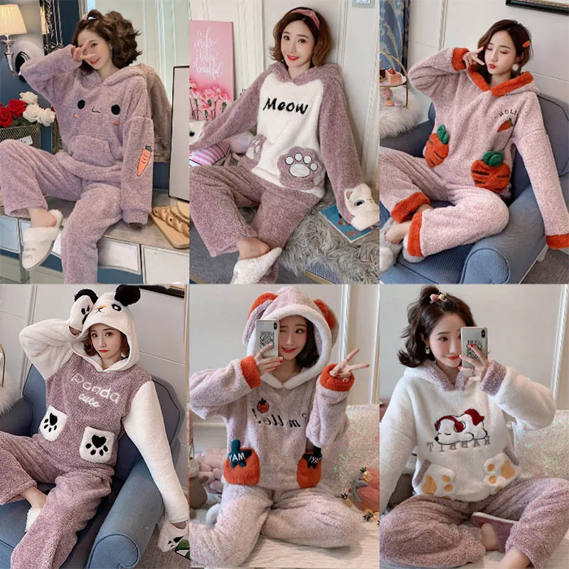 Зимняя Фланелевая Пижама для девочек пижама Женская с мультяшными животными