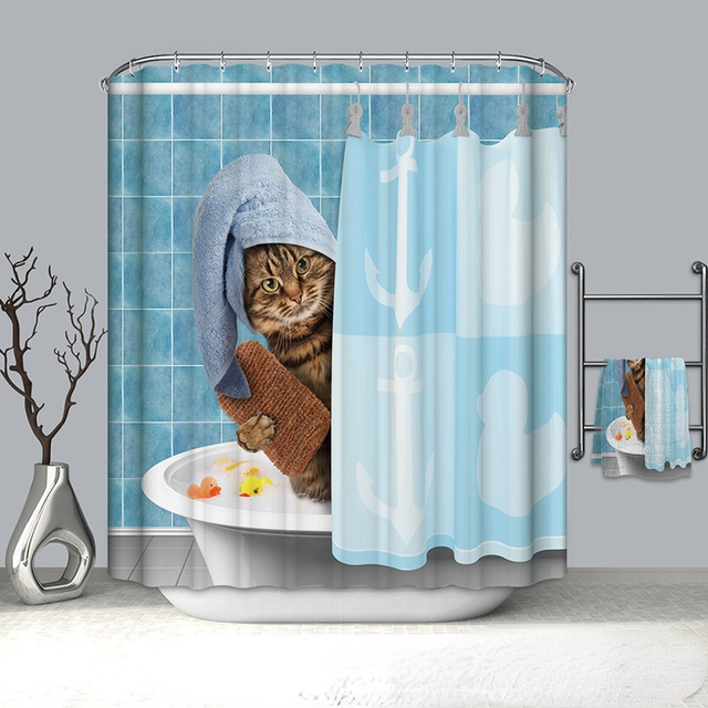 Cat Pattern Shower Curtain 100% Polyester Shower Curtain Waterproof and Mildew-proof Shower Partition Curtain with Hook