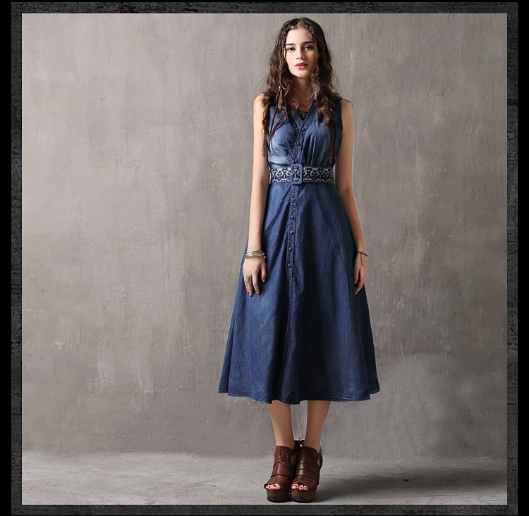 Vintage Summer Tank Dress 2019 Slim Waist Women Dresse Denim Vestidos V-Neck A-Line Sleeveless Belted Sundresses K82093 (9)