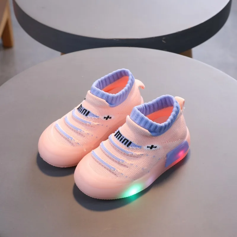 

Spring Autumn Children Sneakers Gilrs Boys Fly Weave Breathable One Foot LED Light Baby Kid Soft Soles Non-slip Socks Shoes