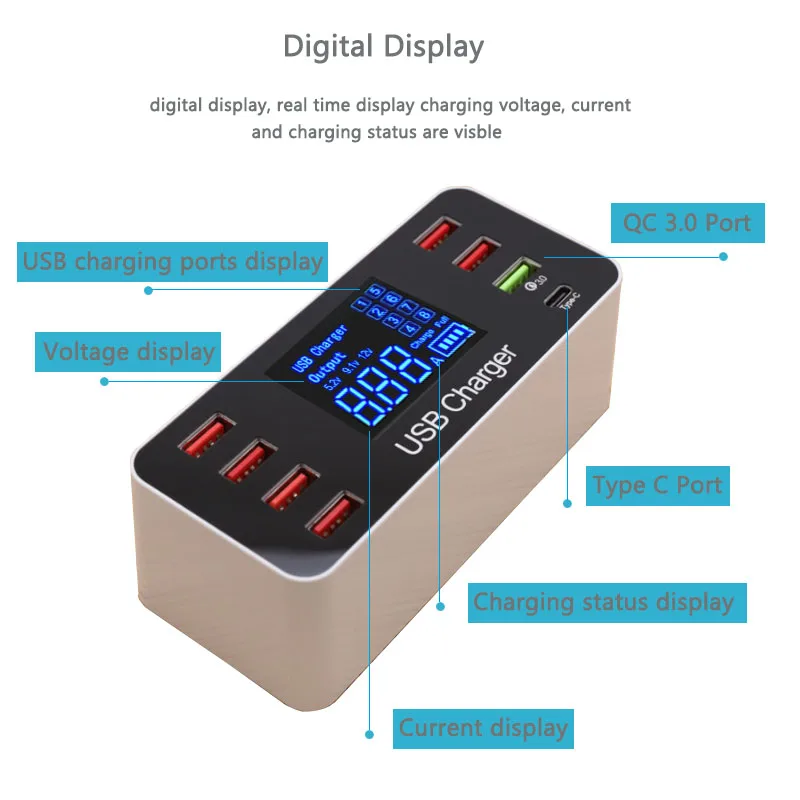 USB fast charge 40W LCD digital display 8-port type-c fast charge head mobile phone tablet smart charger 3C safety certification