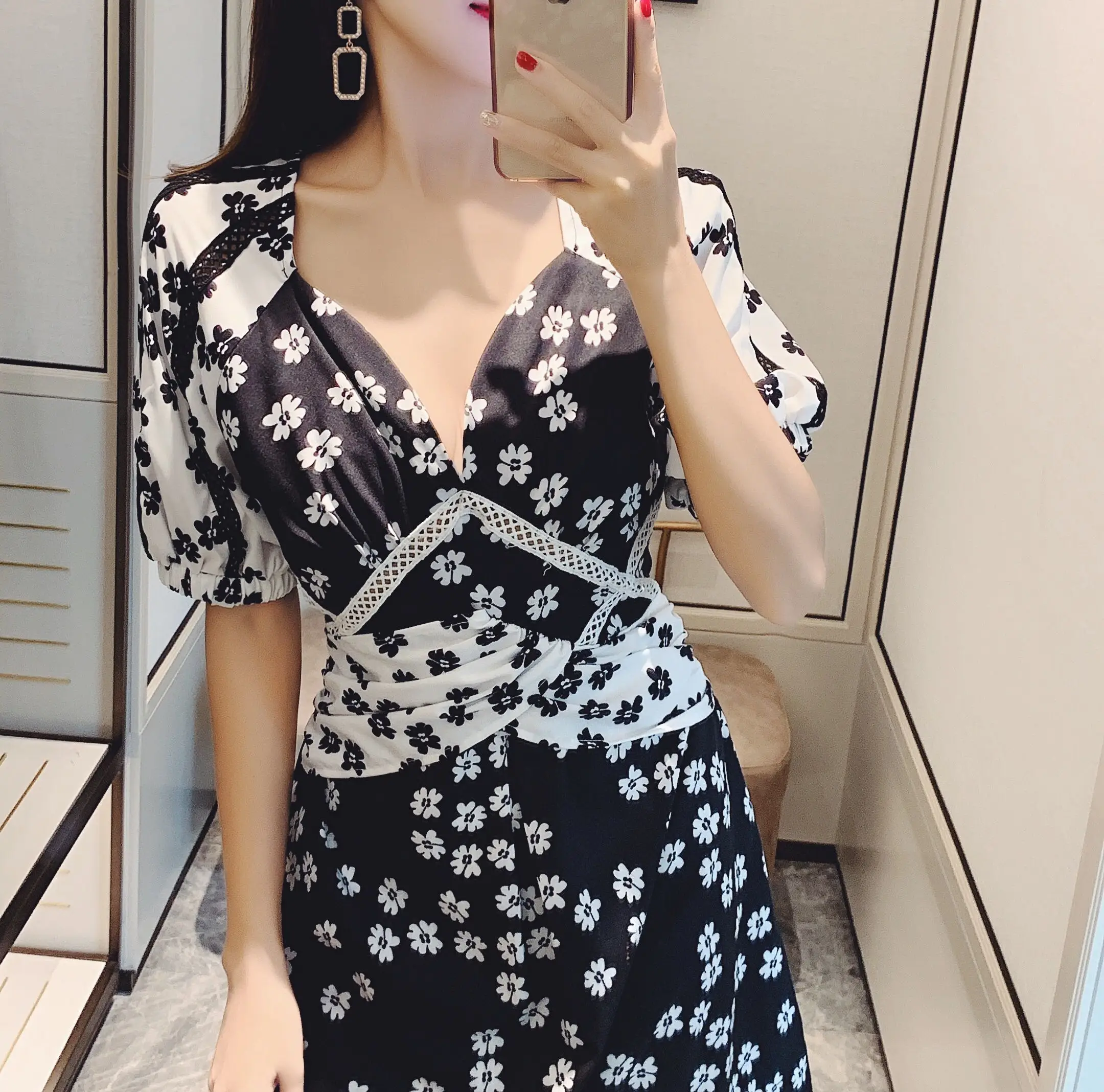 SMTHMA High Quality Fashion Self-Portrait Lace Hollow Dress Woman Luxury design Runway Pleated Waist Print Chic Dress