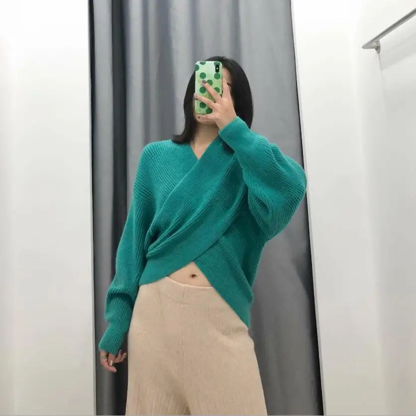 

green wool Sweater Women Pull Femme Plunge Color Blocking Twist Sweater Winter Pullovers Warm Loose Oversized Sweater v neck