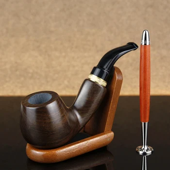

New Ebony Wood Pipe Creative 9mm Filter Smoking Pipe 2in1 Multifunction Tobacco Presser Wooden Stand Tobacco Pipe Set
