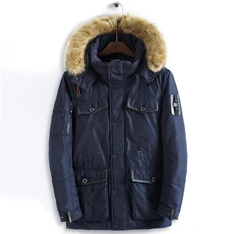 8824 dark blue Зимнее меховое пальто утепленная Длинная Куртка мужская верхняя одежда ветровка сохраняющая тепло ветрозащитная парка Casaco Masculino Мужское пальто с карманами - Цвет: 8824 dark blue