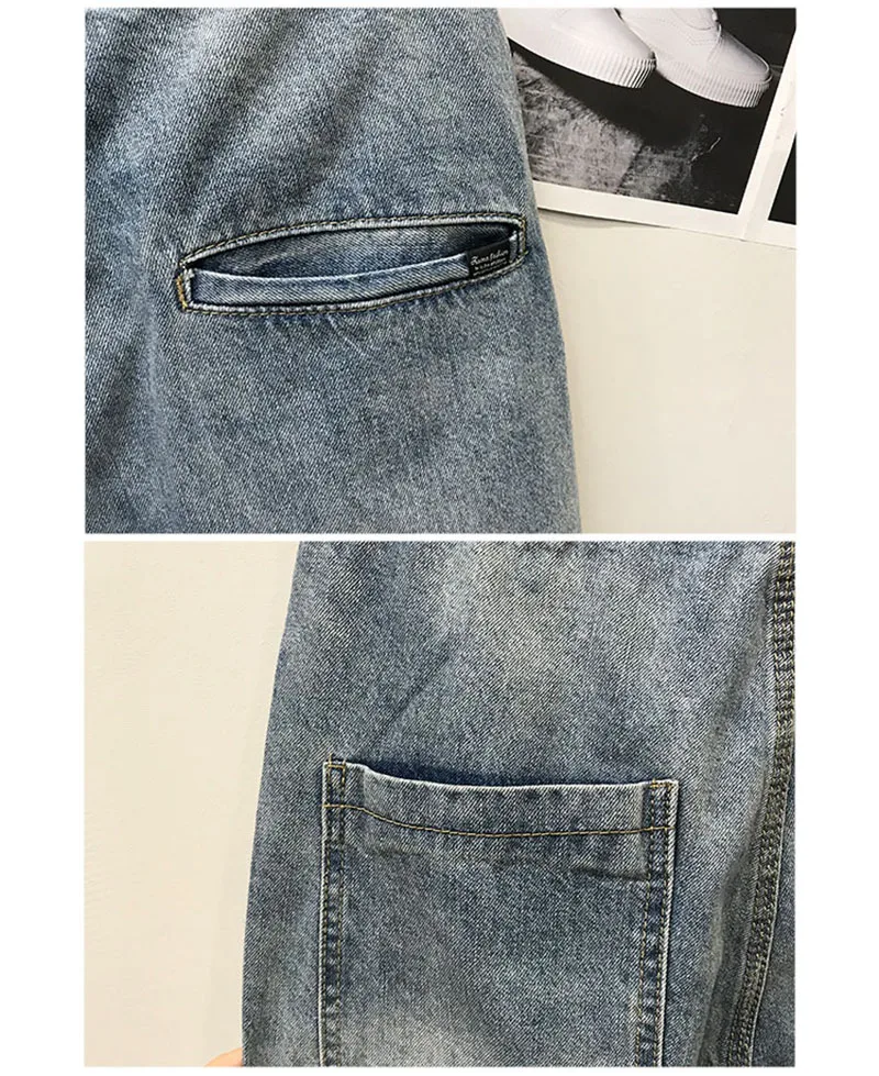 Осенние новые мужские голубые джинсы Длинные свободные широкие джинсовые брюки с поясом потертые прямые брюки европейская уличная 2019