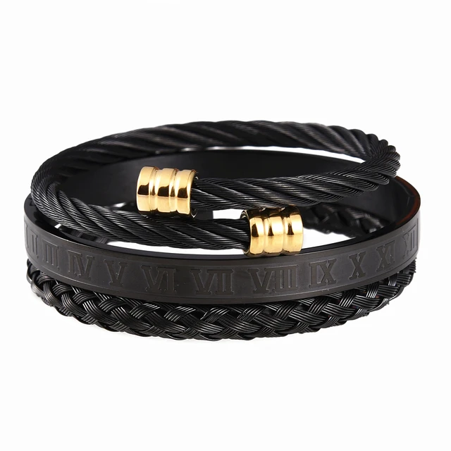 Luxury Mens Stainless Steel Crown Bracelet Set in Black – Heluix