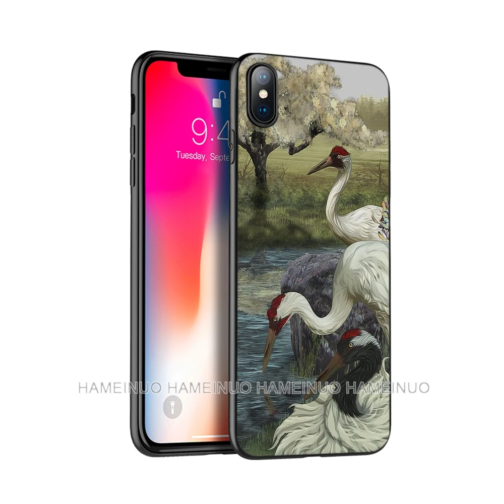 Black tpu case for iphone 5 5s SE 2020 6 6s 7 8 plus X 10 XR XS 11 pro MAX silicon cover Red crowned crane art | Мобильные телефоны