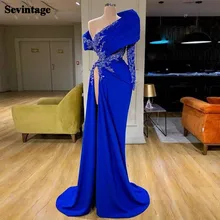 

Sevintage Royal Blue Mermaid Prom Gowns Appliques Lace Long Sleeve Evening Dress Slit Side Saudi Arabia Women Formal Prom Dress