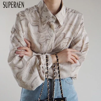 

SuperAen Korean Style Women Shirts 2020 New Spring Cotton Wild Ladies Blouses and Tops Print Lapel Single-Breasted Women Clothes