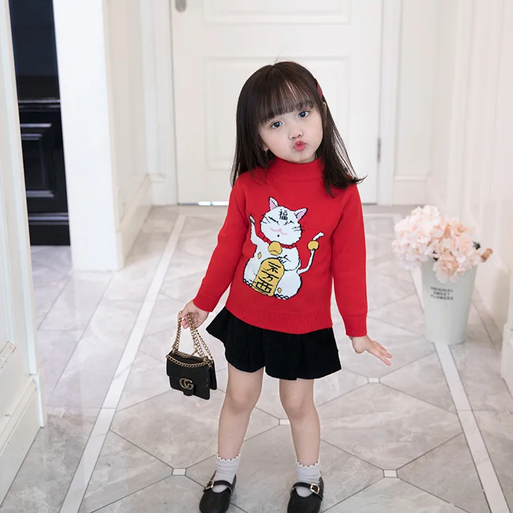 

Girl'S Sweater Spring And Autumn 2019 Korean-style Girls Crew Neck Cartoon Lucky Cat Sweater Fashion Xf9902