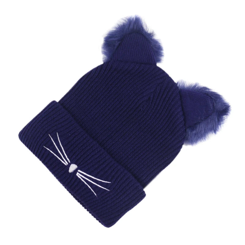 Winfox Новые Вязаные шапочки для женщин, модная шапочка с кошачьими ушками, зимние шапки - Цвет: Тёмно-синий