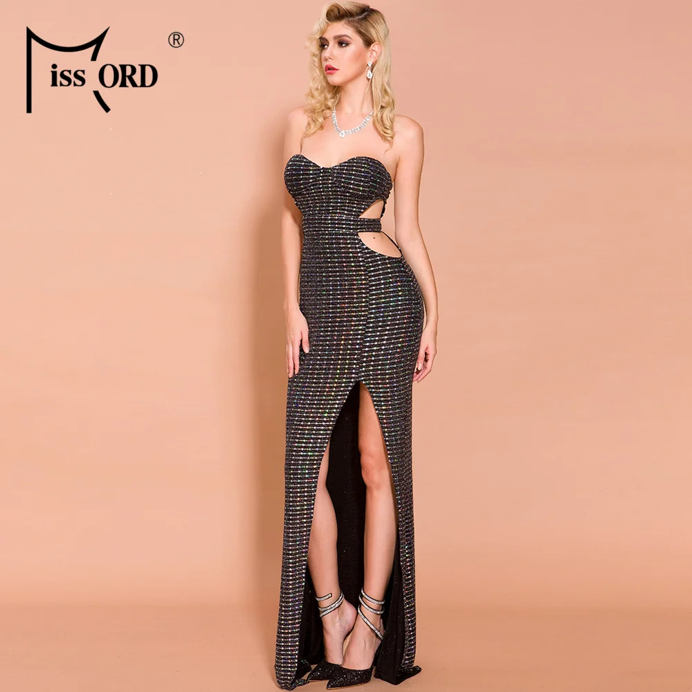 Missord Women Sexy BRA Off Shoulder Hollow Out Dresses Female Elegant High Split Backless Maxi Dress FT19745