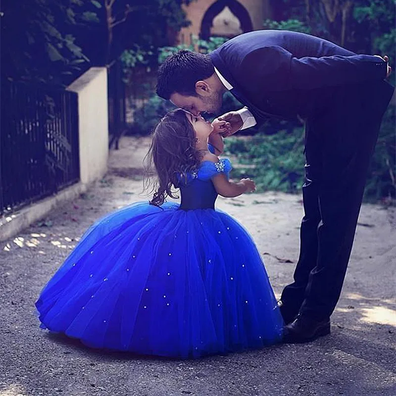 Длинное платье принцессы Золушки с цветочным узором для девочек бальное платье синее детское Пышное Платье новейший дизайн на заказ - Цвет: Синий