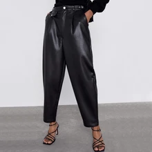 HOUZHOU/женские брюки из искусственной кожи; уличная одежда с высокой талией; брюки с высокой талией; женские Брюки с карманами; брюки длиной до щиколотки