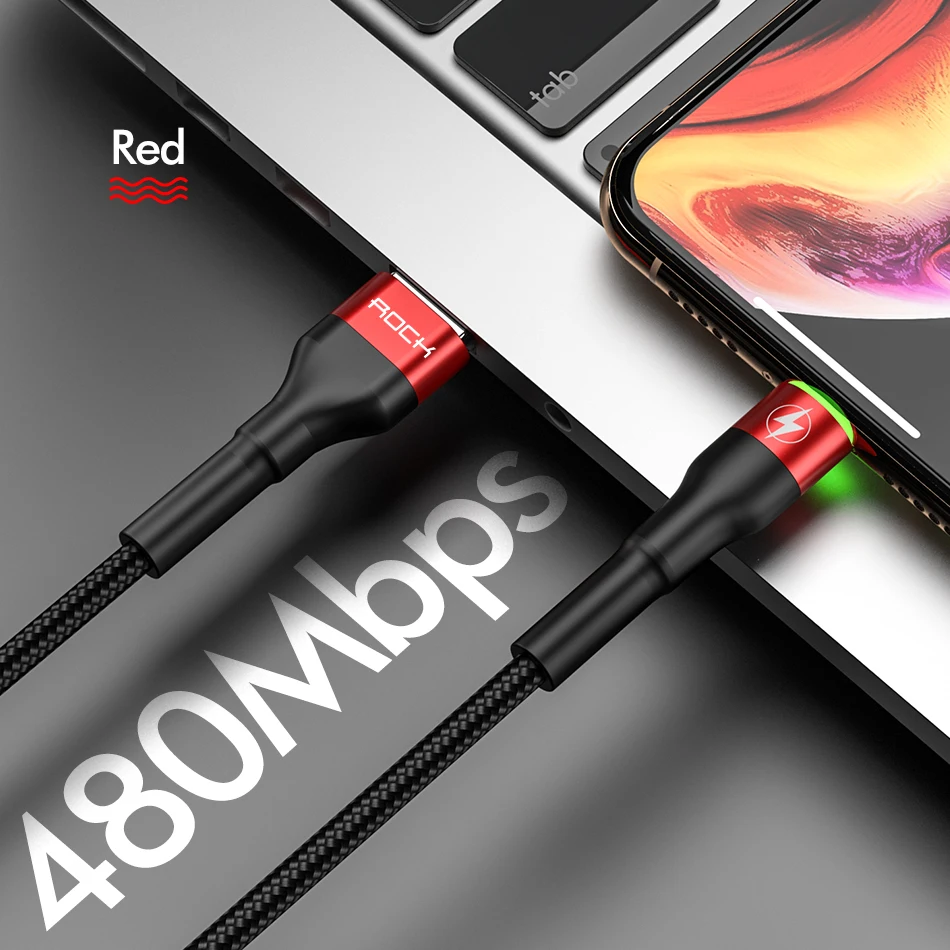 ROCK SPACE 1m 2m 3.1A Hi-Tensile USB Cable For Apple iPhone 11 PRO X XS 8 7 6 Plus Fast Charger Data Cable Charge Sync - Цвет: Red With LED Light