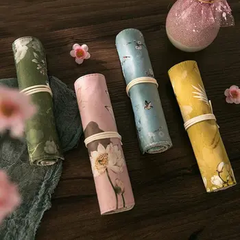 

Chinese Flower Pencil Case Canvas Roll Pen Bag Penal for Girls Boys Cute Large Pencilcase School Supplies