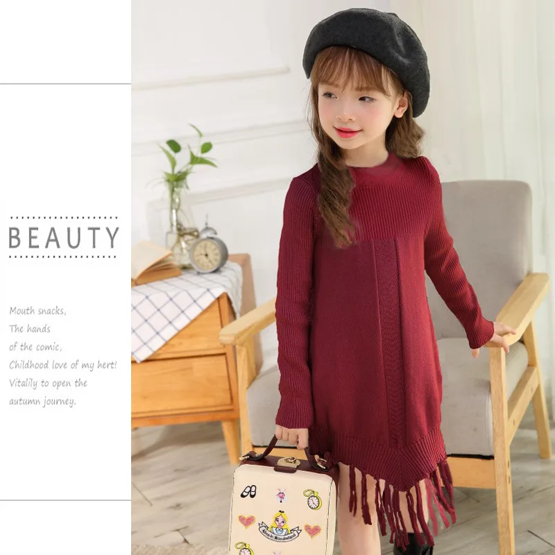 

Girls Dress Sweater Wool Childrenswear Autumn And Winter 2019 New Style Tassels Long Children Pullover Literature And Art Middle
