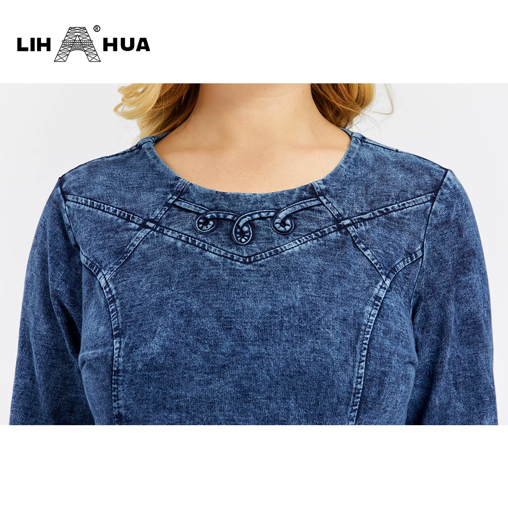 Najtaniej LIH HUA damska sukienka jeansowa w rozmiarze Plus wysoka elastyczność Slim dopasowana sukienka na co dzień sukienka na ramię do odzieży mody