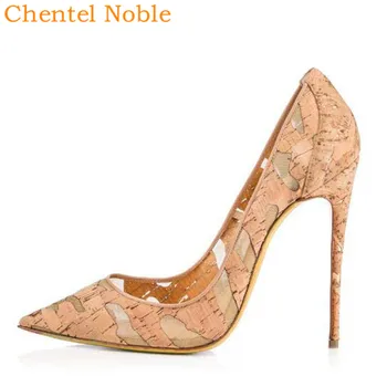 

Chentel Noble Ladies Designer Shoes Women Wood Grain Leather Heels Mesh Fashion Wedding Shoes Irregular Pattern Women Pumps