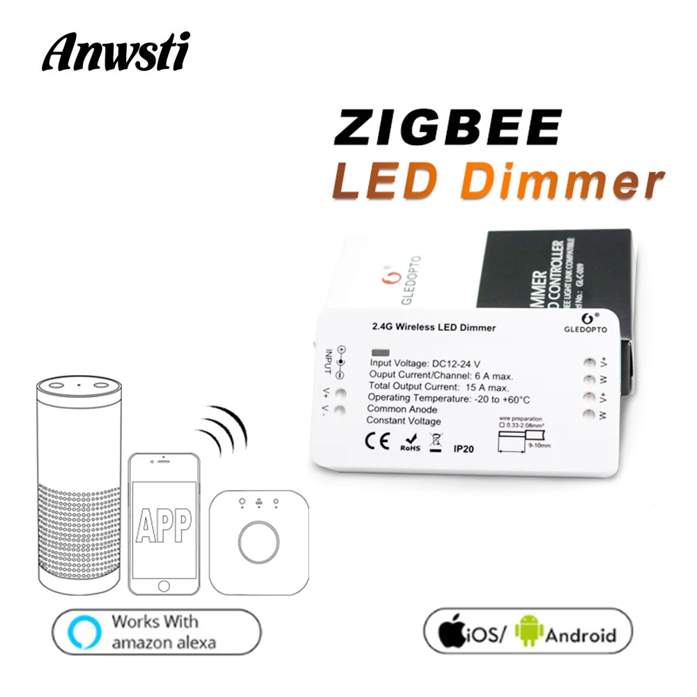 GLEDOPTO Zigbee Dimmer 12V 24V Single Color LED Strip Light Zigbee Bridge Smart Home APP Control LED Dimmer Work with Echo Plus