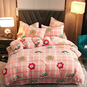 

Autumn Winter Hot Gold Mink Velvet Four Piece Suit Thickened Warm Fashion Printing Soft Comfortable Breathable