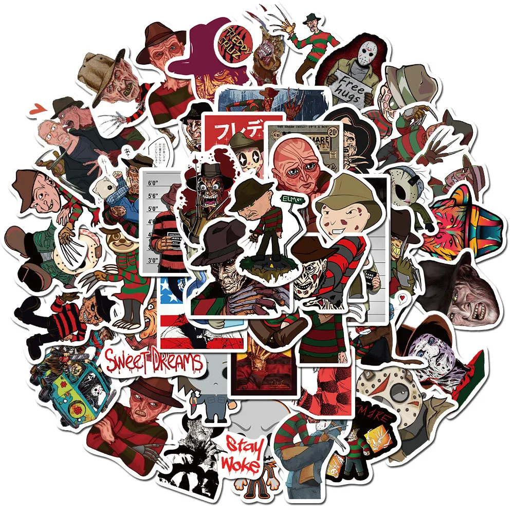 

50PCS Horror Movie Freddy Krueger Stickers Cartoon Image Pegatina for Laptop Phone Guitar PS4 Skateboard Waterproof Sticker