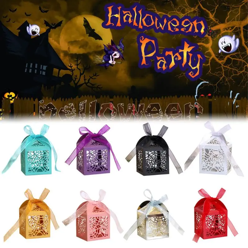 

50pcs/set Halloween Spider Web Laser Cut Hollow Favors Gifts Candy Box with Ribbon Baby Shower Wedding Party Supplies