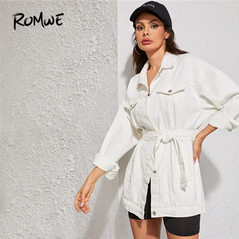 ROMWE White Wash Belted Longline Jean Jacket Coat Women Autumn Spring Solid Boylish Streetwear Long Sleeve Denim Long Jacket Top